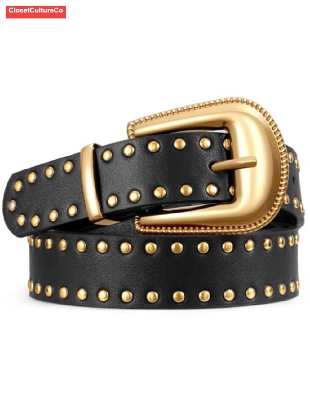 Women's Studded Faux Leather Belt Gold Buckle Western Punk Jeans